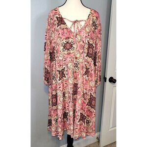 NWT Torrid 1X 14/16 Pink Medallion Gauze Mini Dress 3/4 Sleeve Summer  Plus Size